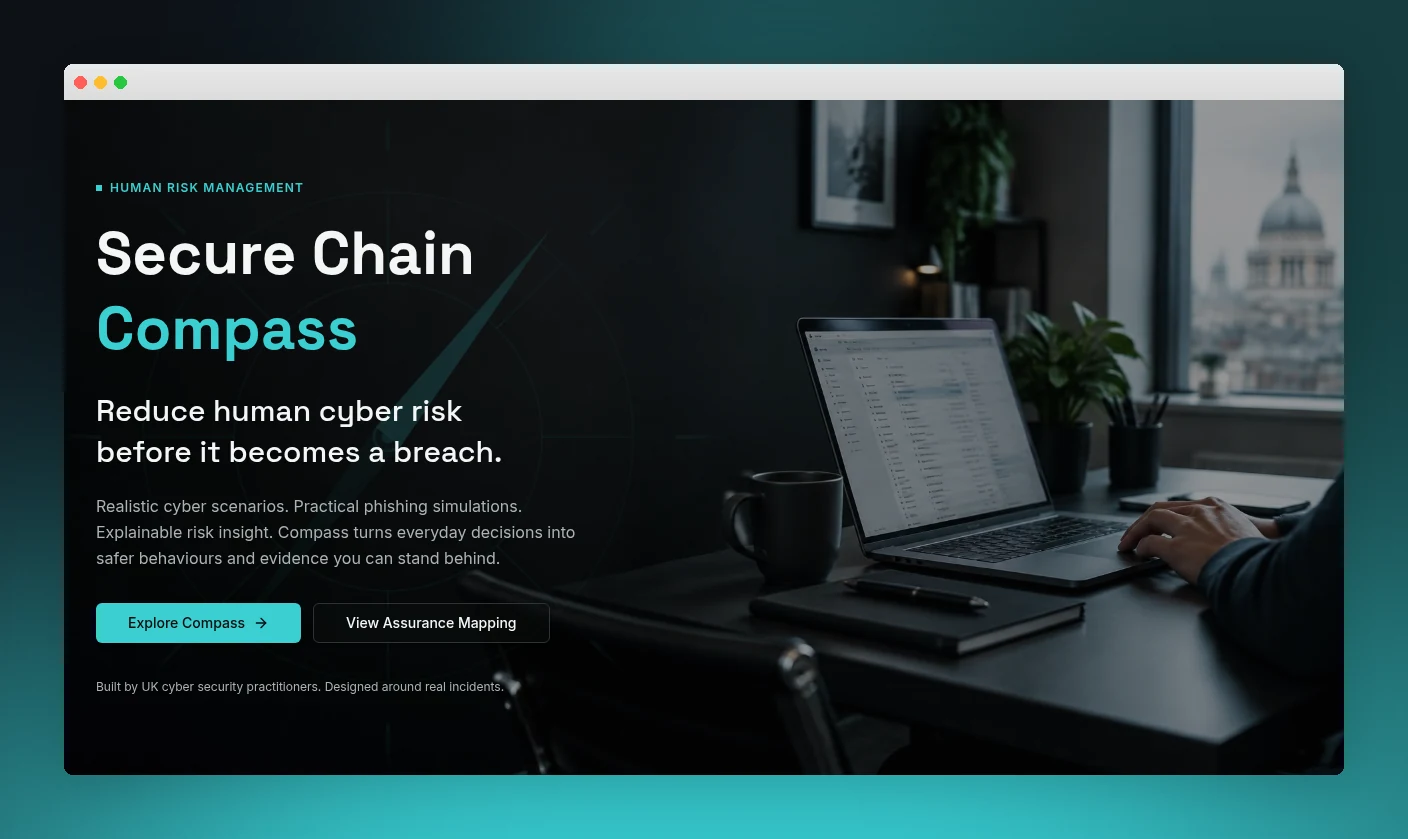 Secure Chain Compass homepage showing human risk management positioning