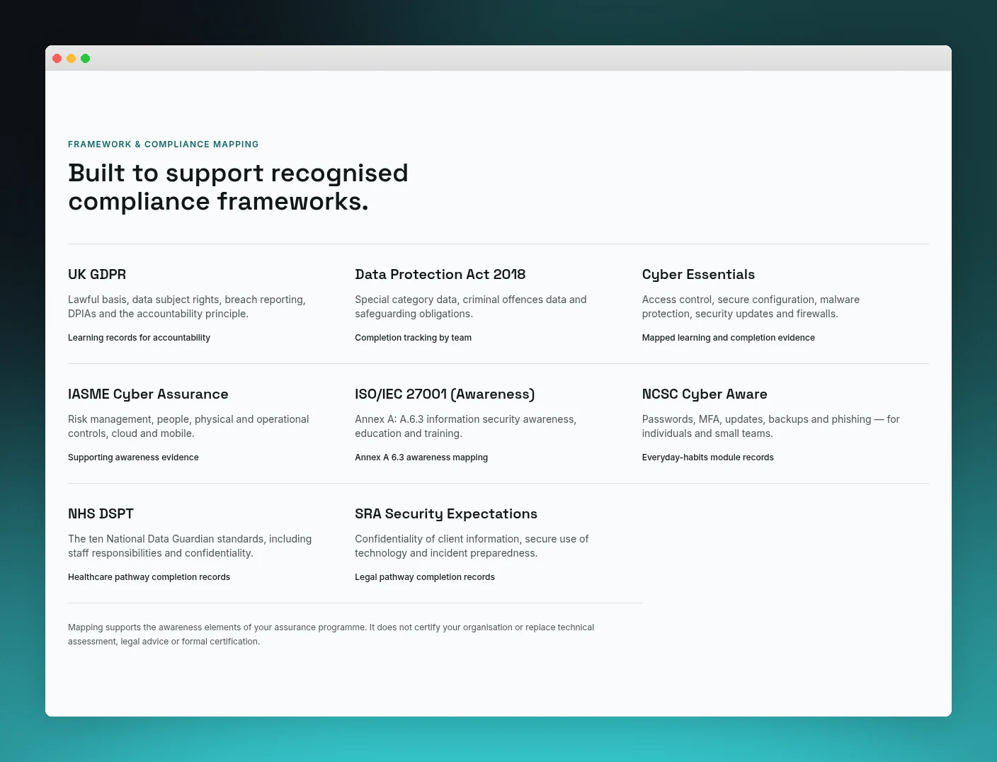 Compass public framework mapping covering UK GDPR, Cyber Essentials, ISO 27001 and NHS DSPT