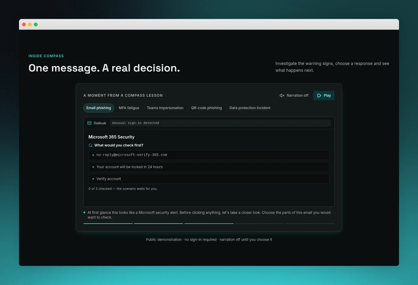 Compass public phishing scenario with a Microsoft 365 impersonation message and investigation controls