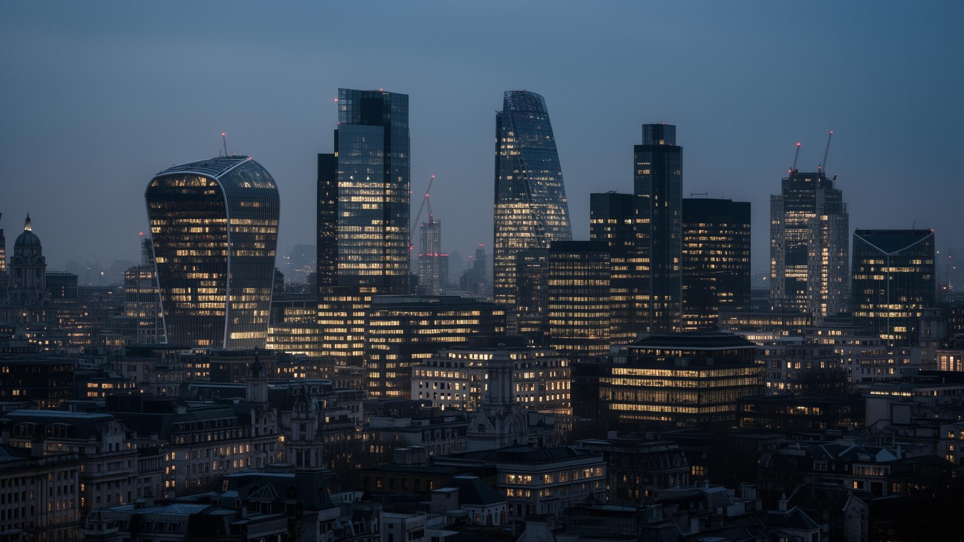 City of London financial district at calm blue hour