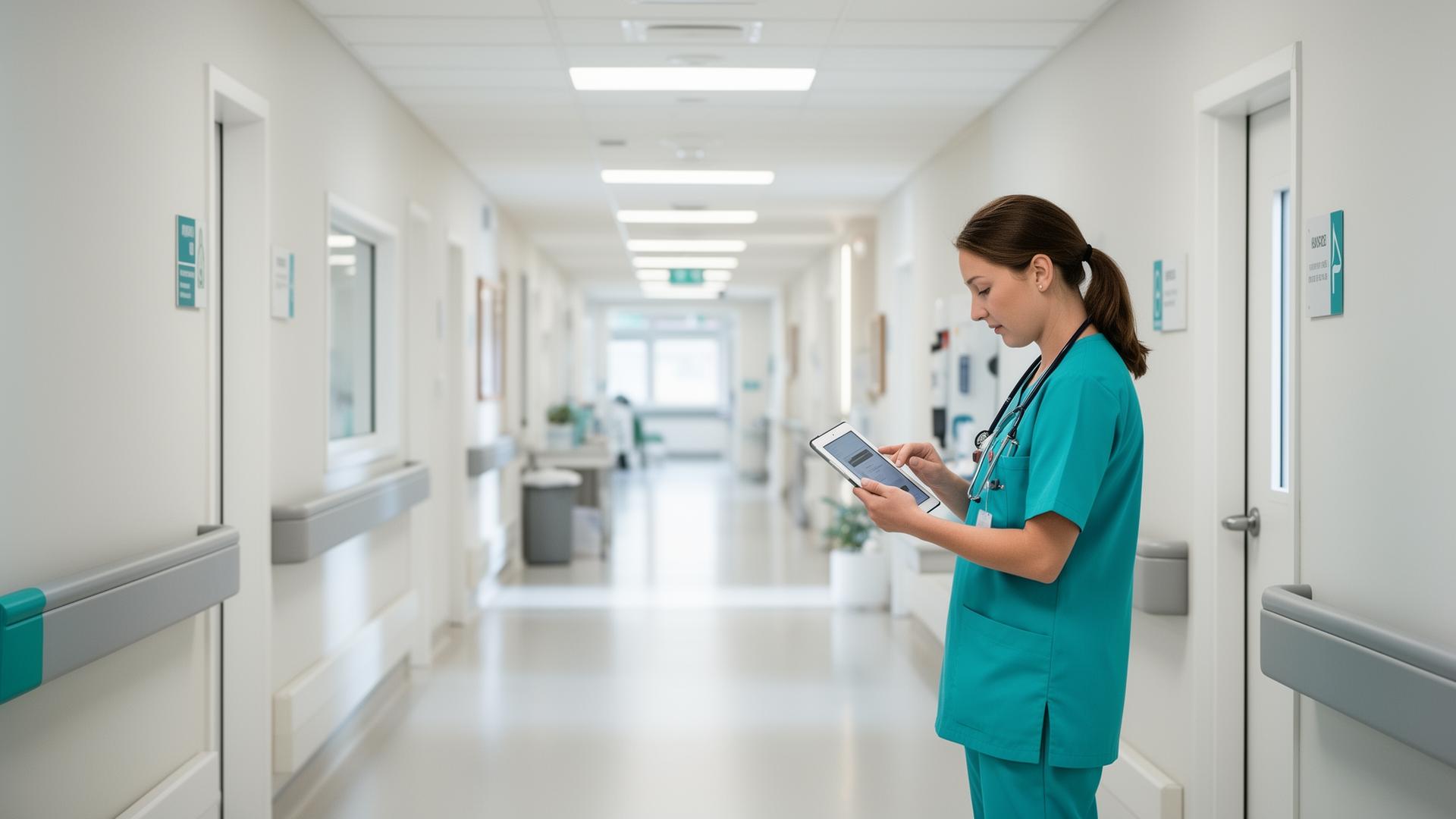 Healthcare professional reviewing a tablet in a bright hospital corridor