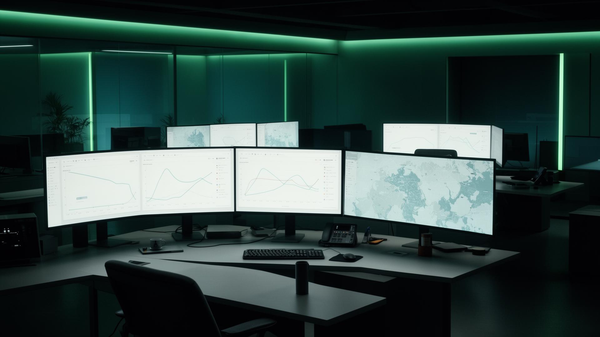 Modern UK security operations centre with monitoring dashboards