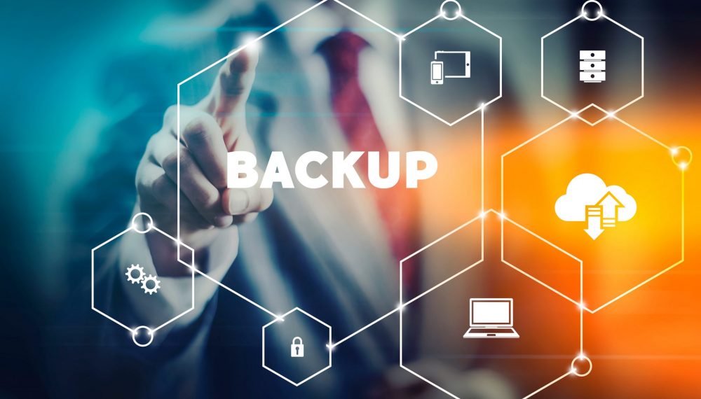 Data security backup concept business man selecting word from modern virtual interface