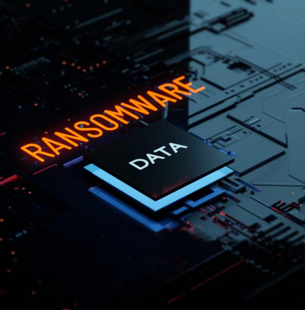 3D rendering Glowing text Ransomware attack on Computer Chipset. spyware, malware, virus trojan, hacker attack Concept