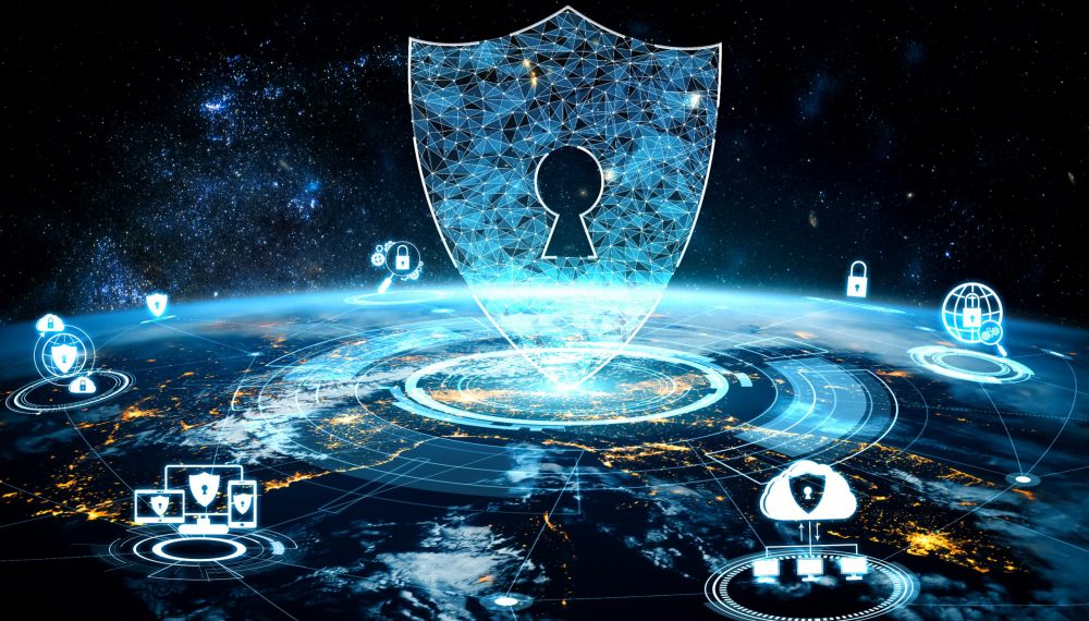 Cyber security technology and online data protection in innovative perception . Concept of technology for security of data storage used by global business network server to secure cyber information .