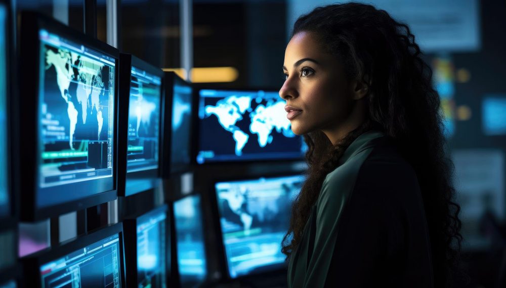 Portrait of a woman cybersecurity analyst in a high-tech security operations center vigilantly monitoring network traffic